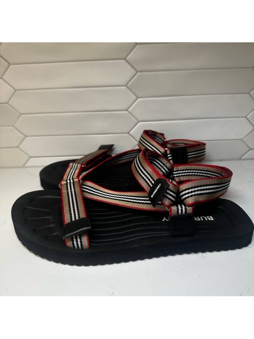 Burberry Black Sandals with Beige and Red Striped Webbing - Picture 6 of 8